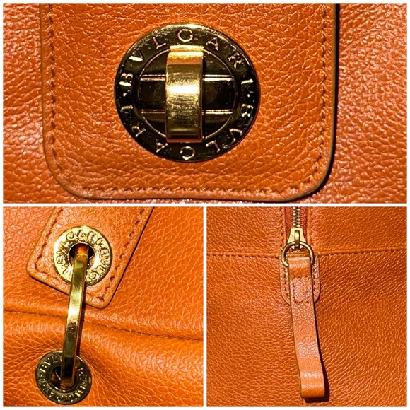Authentic BVLGARI Turn Lock Leather Boston Bag in Cognac w/Gold-Tone Hardware - Picture 9 of 16
